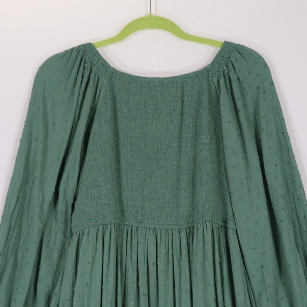 Baltic Born Midi Dress Womens 1X Green Swiss Dot Smocked V-Neck Cottagecore Boho